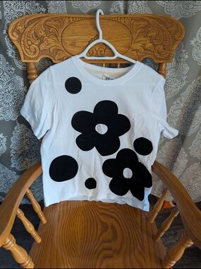 White Tee with Large Black Floral Graphic